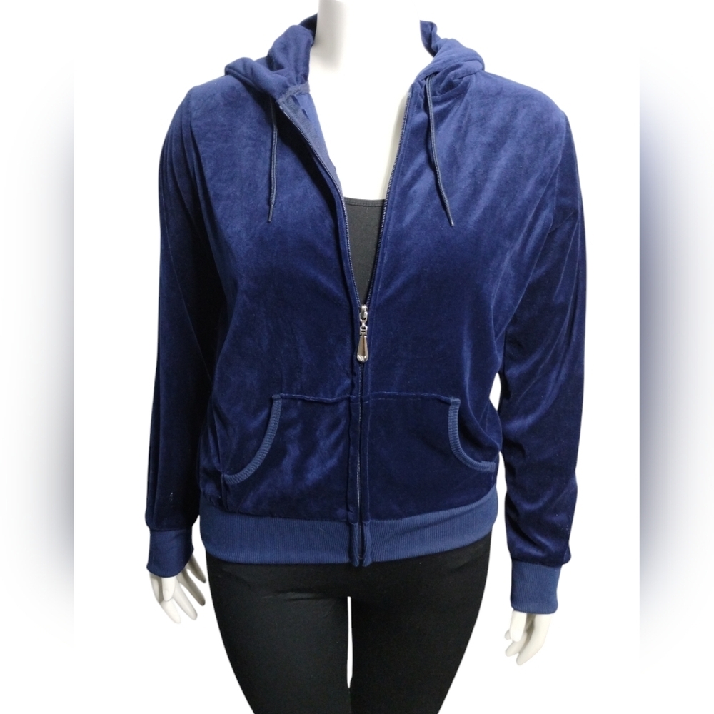 White Mark Women's Velour Velvet Navy Track Hoodie Jacket size XL Soft Romantic